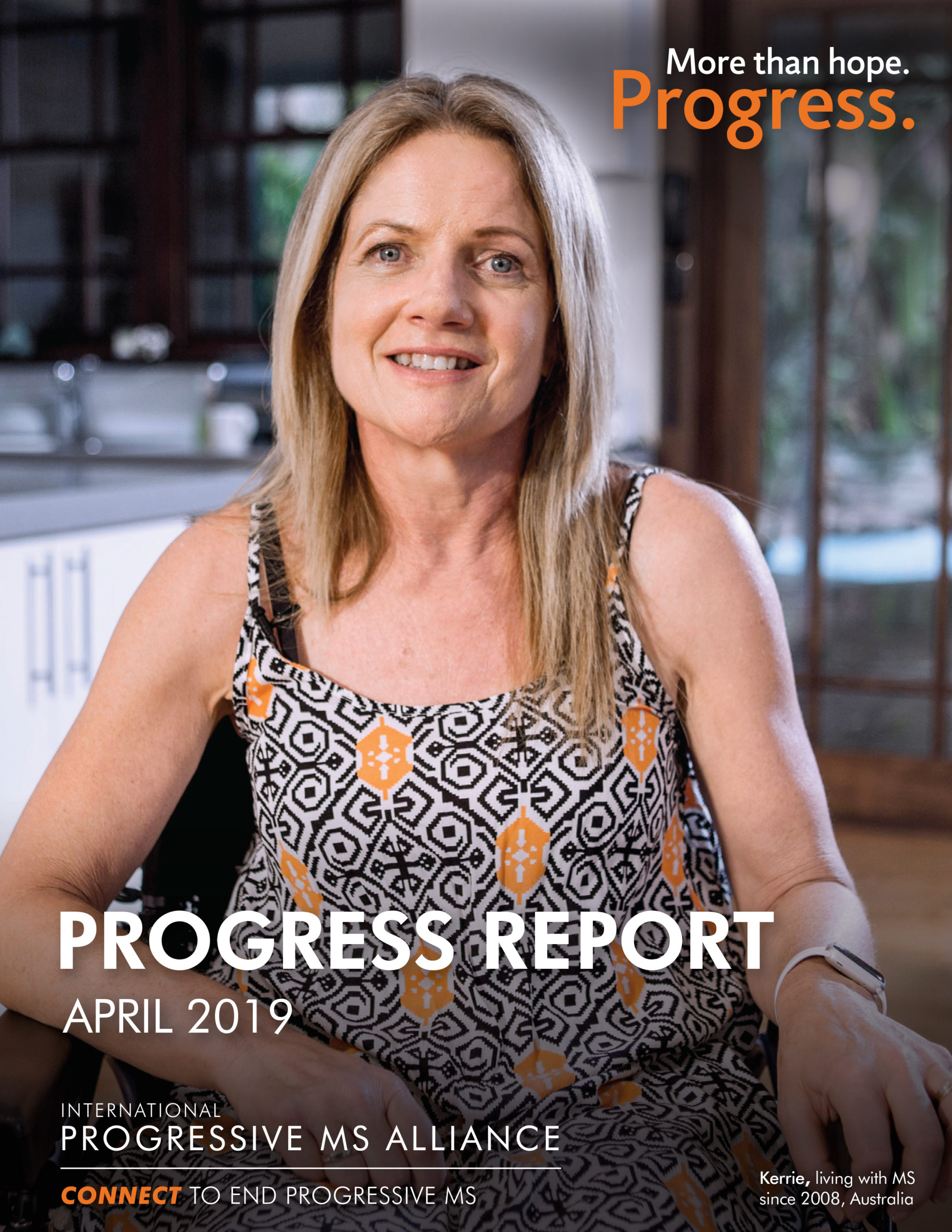 Cover image of the 2019 Progress Report featuring a portrait of Kerrie, Australia, diagnosed in 2008.