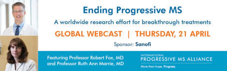 Advert for a webinar by Professors Robert Fox and Ruth Ann Marrie, International Progressive MS Alliance researchers.