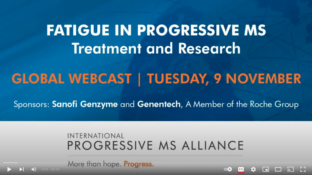 Title slide for the Nov 9, 2021 webinar Fatigue in progressive MS – current treatment and the hope of research