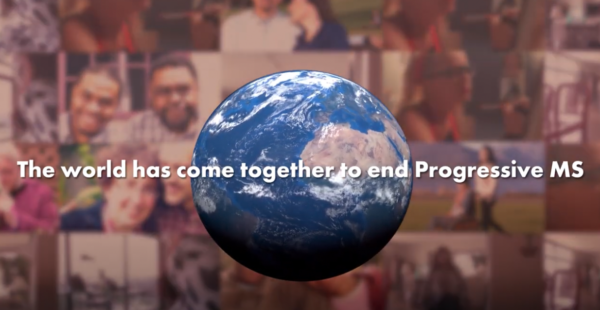 A globe floats in the middle of the image with hundreds of pictures of people with progressive MS behind it, across the center it reads the world has come together to end Progressive MS
