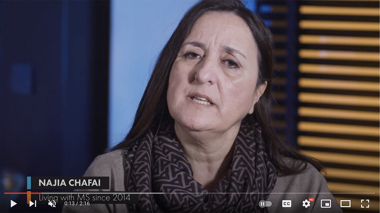 Screenshot of a video about the People Affected by MS Engagement Coordination Team featuring Najia